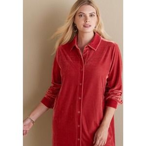 Soft Surroundings Red Velvet Velour Boyfriend Button Front Tunic Shirt Size M